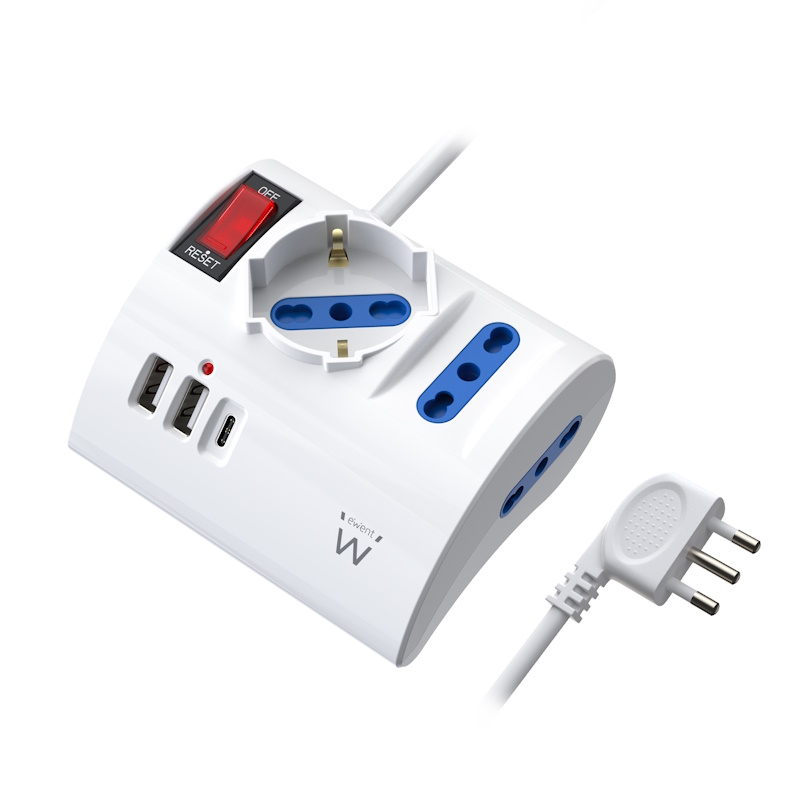 EW3868 | Desktop design Power strip 3-way with 2 USB-A, 1 USB-C 10A | Ewent | distributori informatica